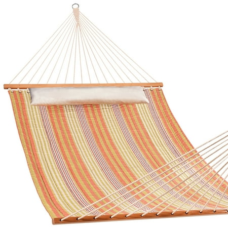 Double Swing Patio Doors Lazy Daze Hammocks Fade-Resistant Quilted Hammock Double Size Spreader Bar Heavy Duty Stylish Hammock Swing Bed with Pillow, Cottony-Soft Fabric Material for Two Person, Orange & White Stripe ()