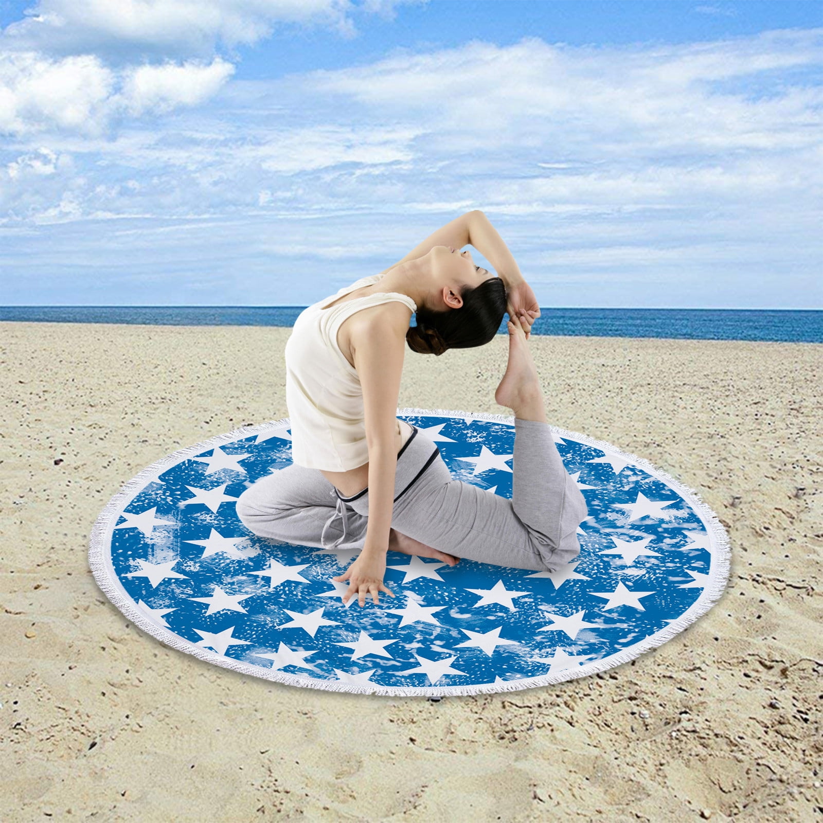 Round Beach Towel Blanket Microfiber Yoga Mat w/ Tassels Multi-Purpose Towel 