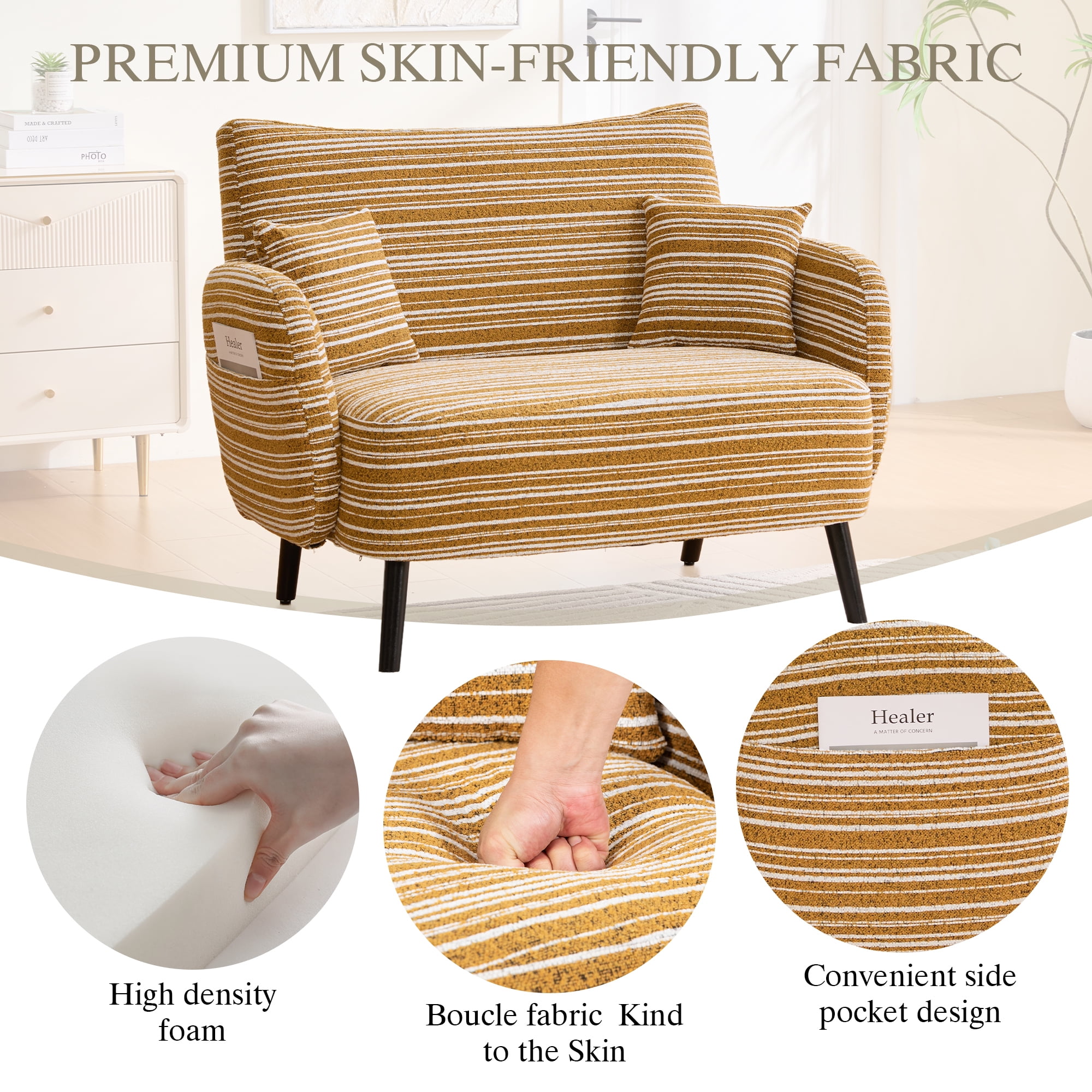 Jopath Modern Style Loveseat Sofa with Ultra-Comfortable Armrests, Armrest Pillows, and Storage Pockets, Deep-Seated Two-Seater Sofa for Bedroom, Small Spaces, Apartments Mustard Yellow
