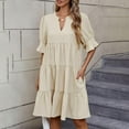 thumbnail image 2 of JGGSPWM Tiered Ruffle Dress Women Summer Loose Fit 3/4 Sleeve a Line Mini Dress Pleated V Neck Dresses with Pockets Beige S, 2 of 9