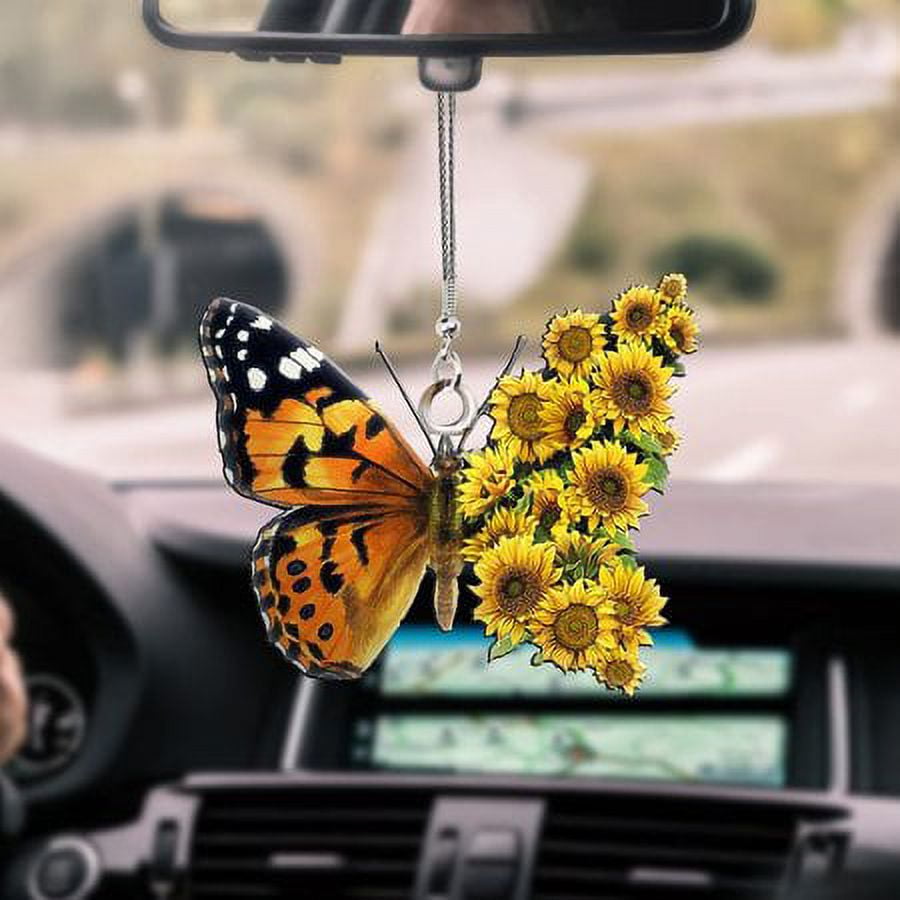 Talataca Christian 2D Flat Car Ornament & Wood Beads, Jesus Cross Faith &  Sunflower Butterfly Beaded Rear View Mirror Accessories, Rearview Hanging