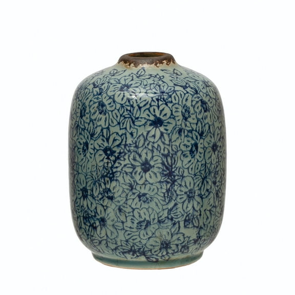 Creative Co-Op Decorative Round Terra-cotta Vase with Floral Pattern with Distressed Finish, Blue