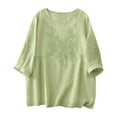 thumbnail image 5 of Cotton Linen Womens Shirt Tops 3/4 Sleeve Round Neck Tie Vintage Floral Print Casual Loose Summer Fall Flowy Blouse Tops,Green,L, 5 of 5
