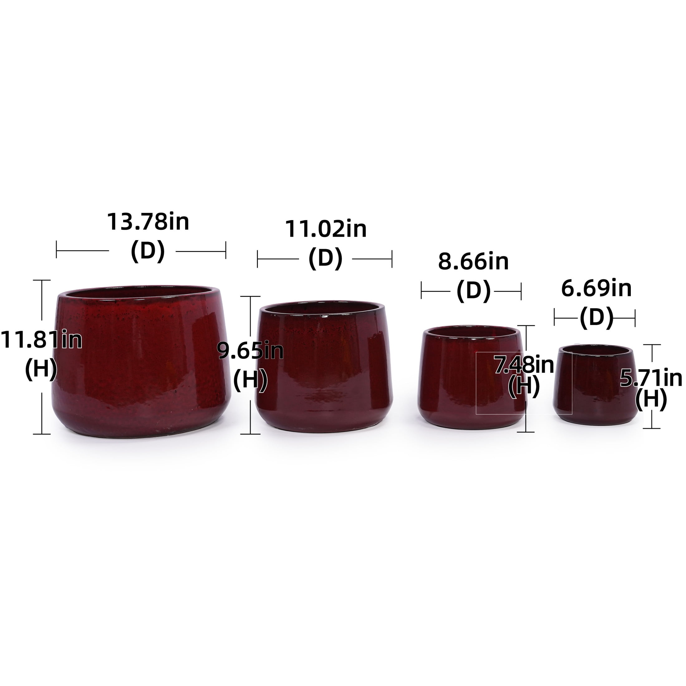 Noble House Modern Samantha Flowerpot Set, Premium Ceramic Planters for Garden or Patio, Set of 4, Bean Paste Red