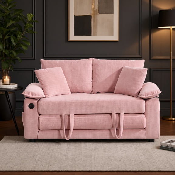3-in-1 Convertible Floor Sofa Bed, Foldable Tufted Loveseat with Pull Out Sleeper, Side Pockets for Living Room, Pink