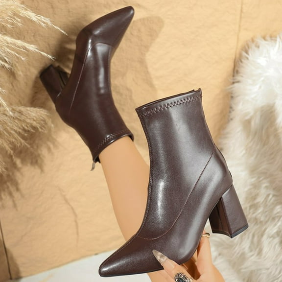PiGOGI Women's Pointed Toe Boots Thick Heel Zipper Fashion Winter Fall Boots for Women Comfortable Trendy Block Heel Stylish Boots Brown 42