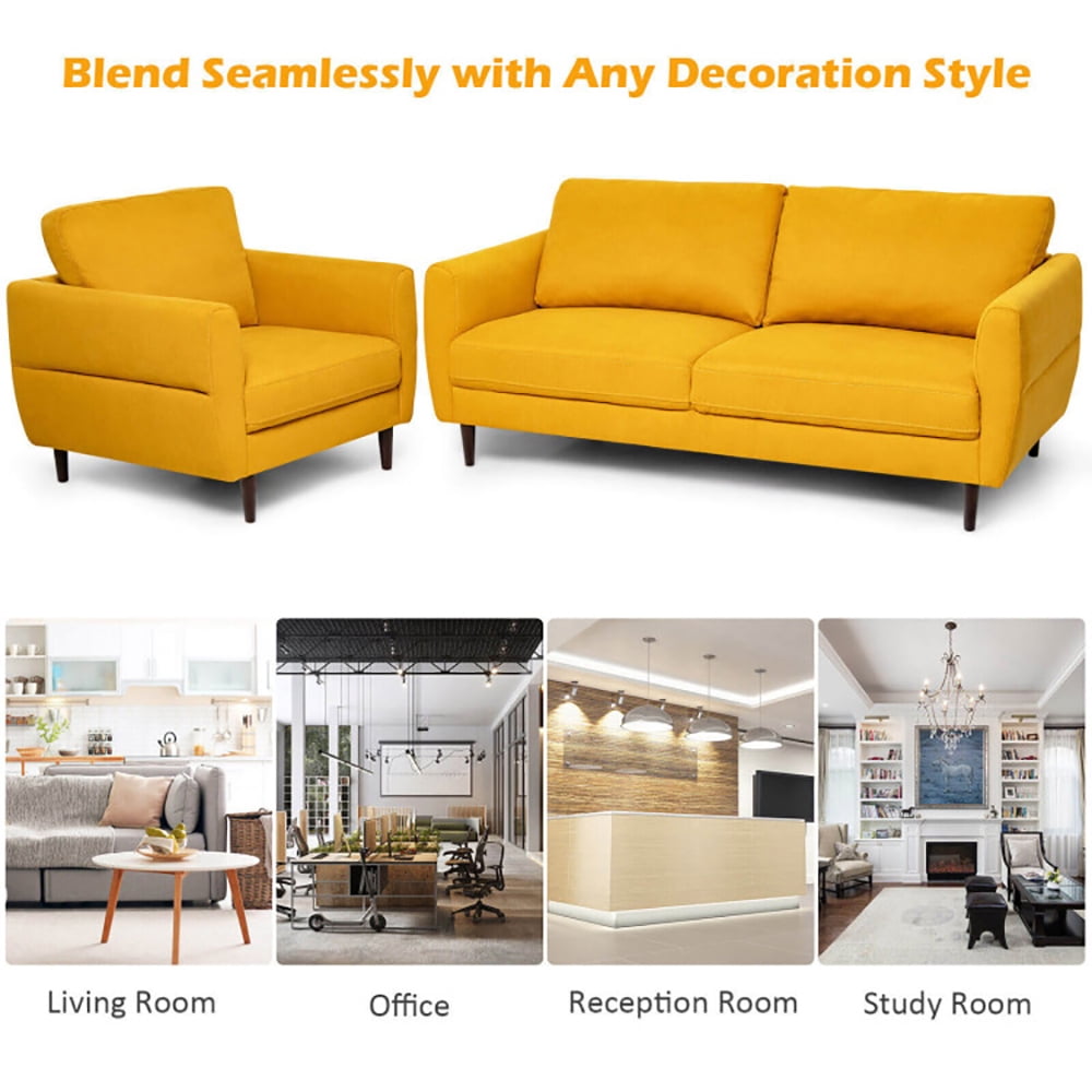 Finihen Upholstered Sofa Set, 2 Pieces Upholstered Sofa Set with Removable Cushion Covers, for Living Room, Yellow