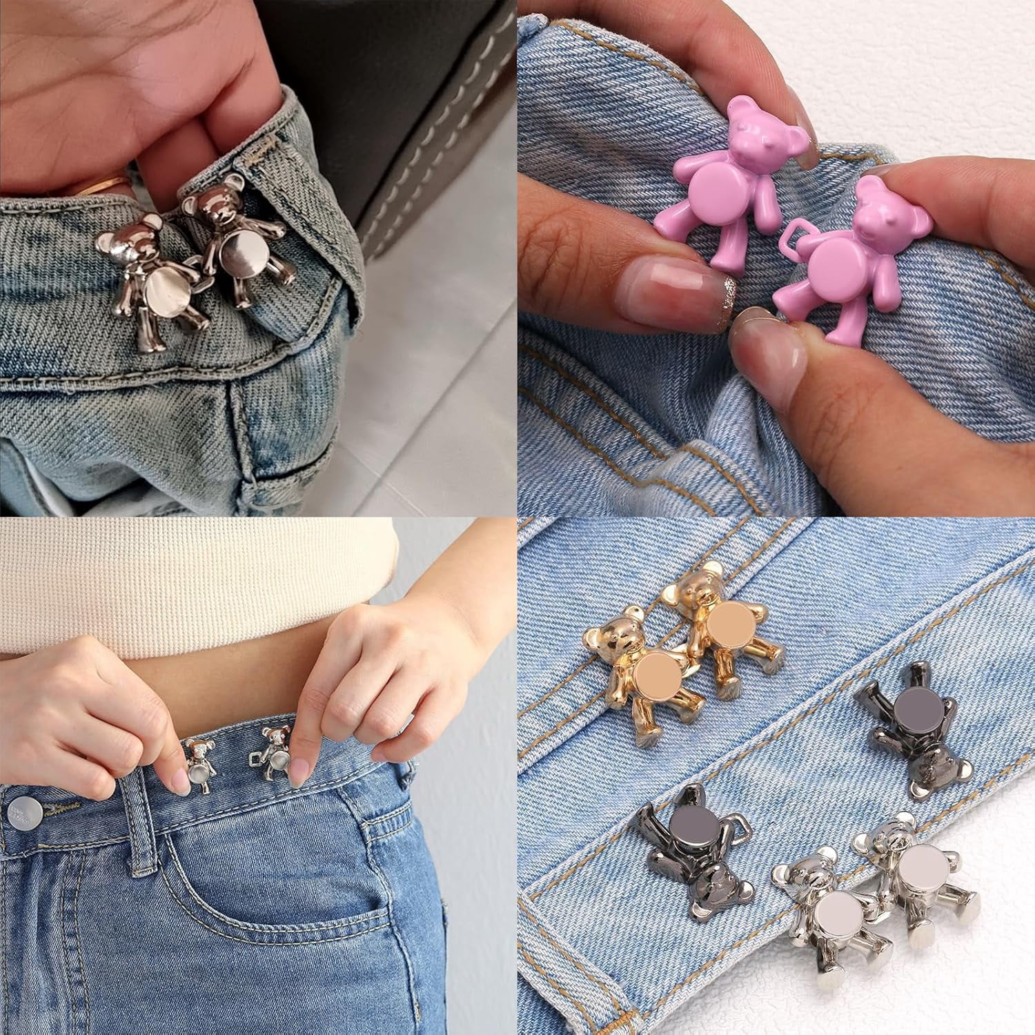 12 Set Bear Pant Waist Tightener, Adjustable Waist Buckle Set, Button Pins for Loose Jeans to Make Tighter, Button Adjuster for Pants, Jeans, Skirts, Sleeves