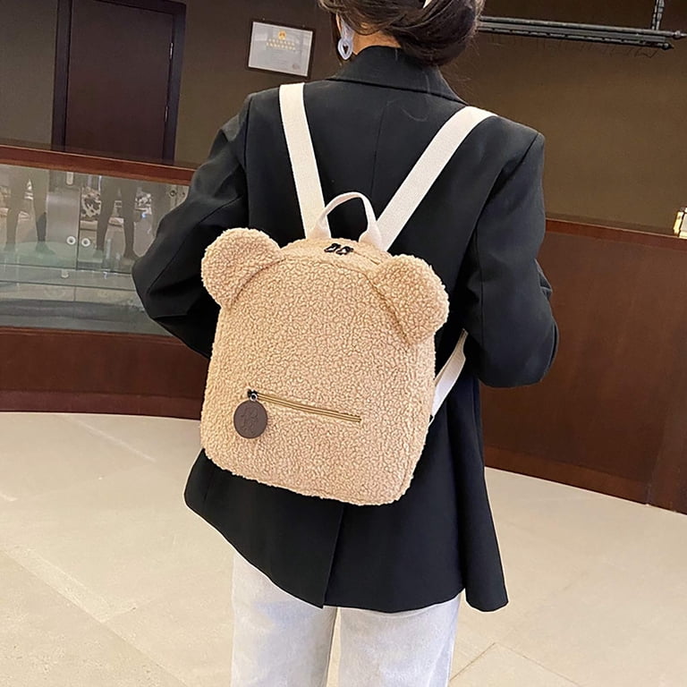 YATLTE Women Mini Cute Bear Ear Fuzzy Backpack, Winter Warm 