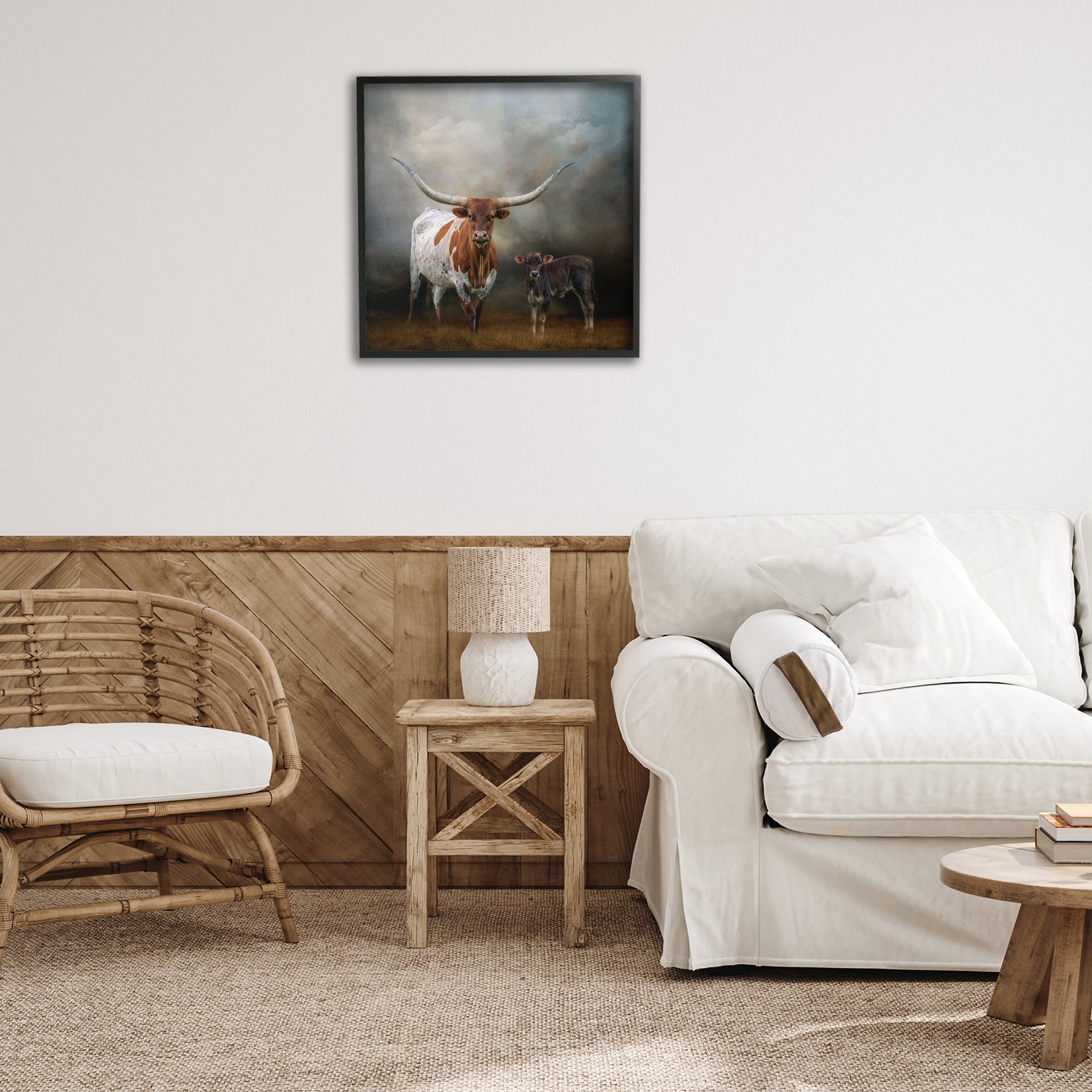 Stupell Industries Longhorn & Calf Babysitter Animals & Insects Painting Black Framed Art Print Wall Art, 24 x 24