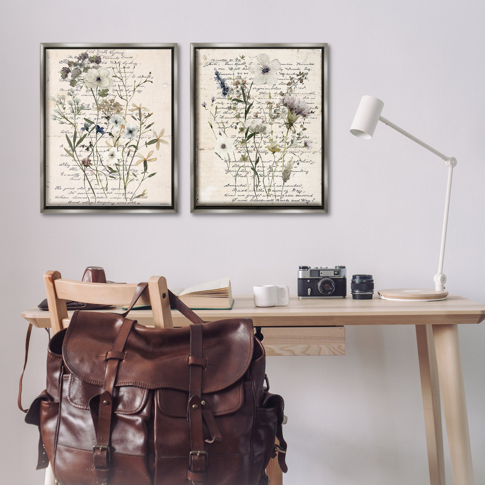 Stupell Industries Vintage Letters with Botanicals Plants & Flowers Painting Gray Floater Framed Canvas Art Print Wall Art, 31 x 25, Set of 2