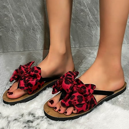 

Women s Casual Fashion Flip Flops Leopard Print Suede Bow Flat Beach Shoes