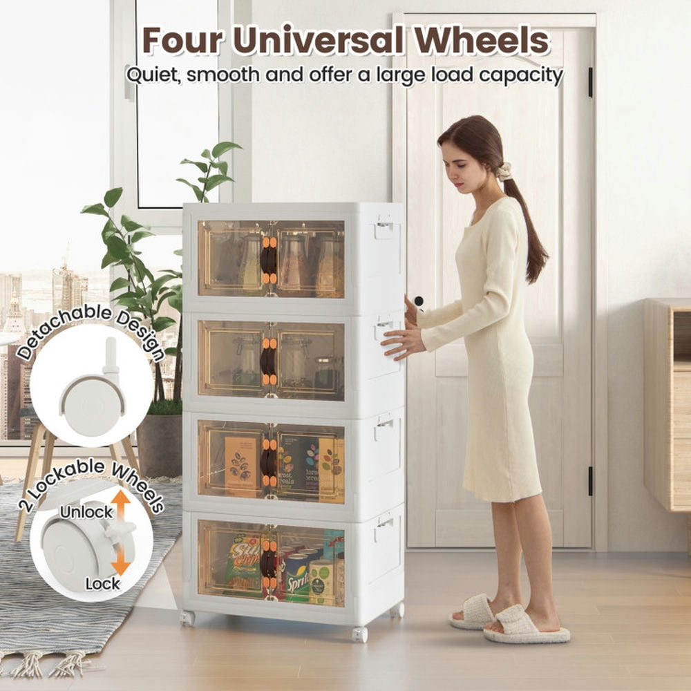 Finihen Storage Bins, 4 Pack Stackable Storage Bins, Stackable Storage Bins with Lockable Wheels-4 Pack, for Living Room, Bedroom, Entryway, White