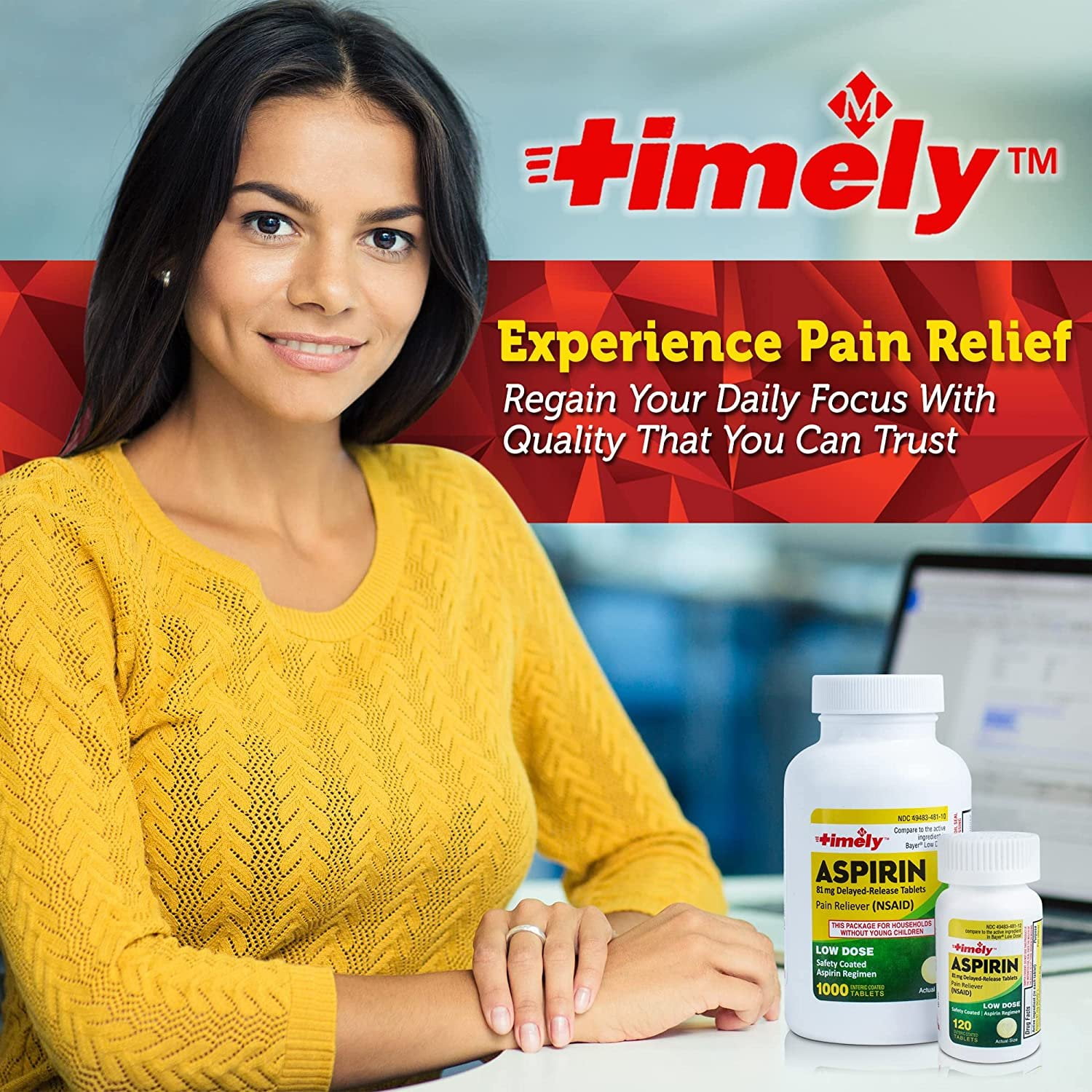 Timely by Time Cap Labs- 120 Count Low Dose Aspirin 81mg for Adults - Compared to Bayers - Enteric Coated Low Strength Aspirin Tablets - Pain Reliever for Minor Aches and Pains - Made in USA