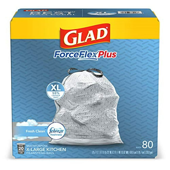 Glad ForceFlexPlus XL X-Large Kitchen Drawstring Trash Bags - 20 Gallon Grey Trash Bag, Fresh Clean with Febreze Freshness 80 Count (Package May Vary)