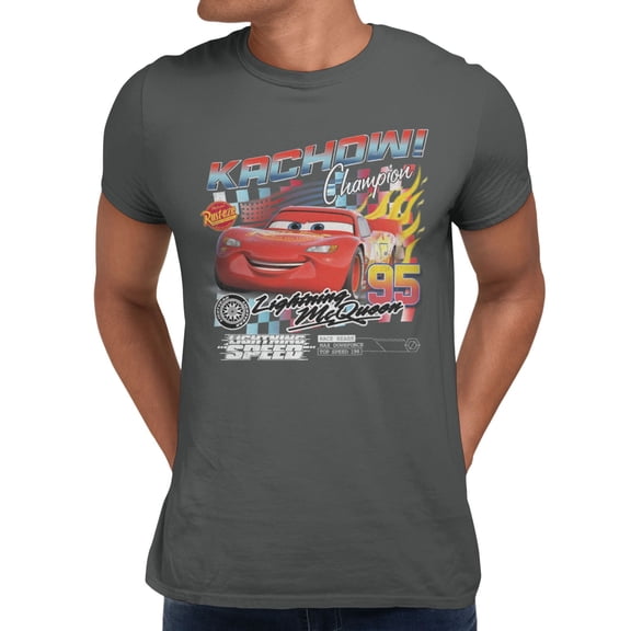 Disney Pixar Cars McQueen Kachow Champion Retro Men's T Shirt (Charcoal, S-XXXL)