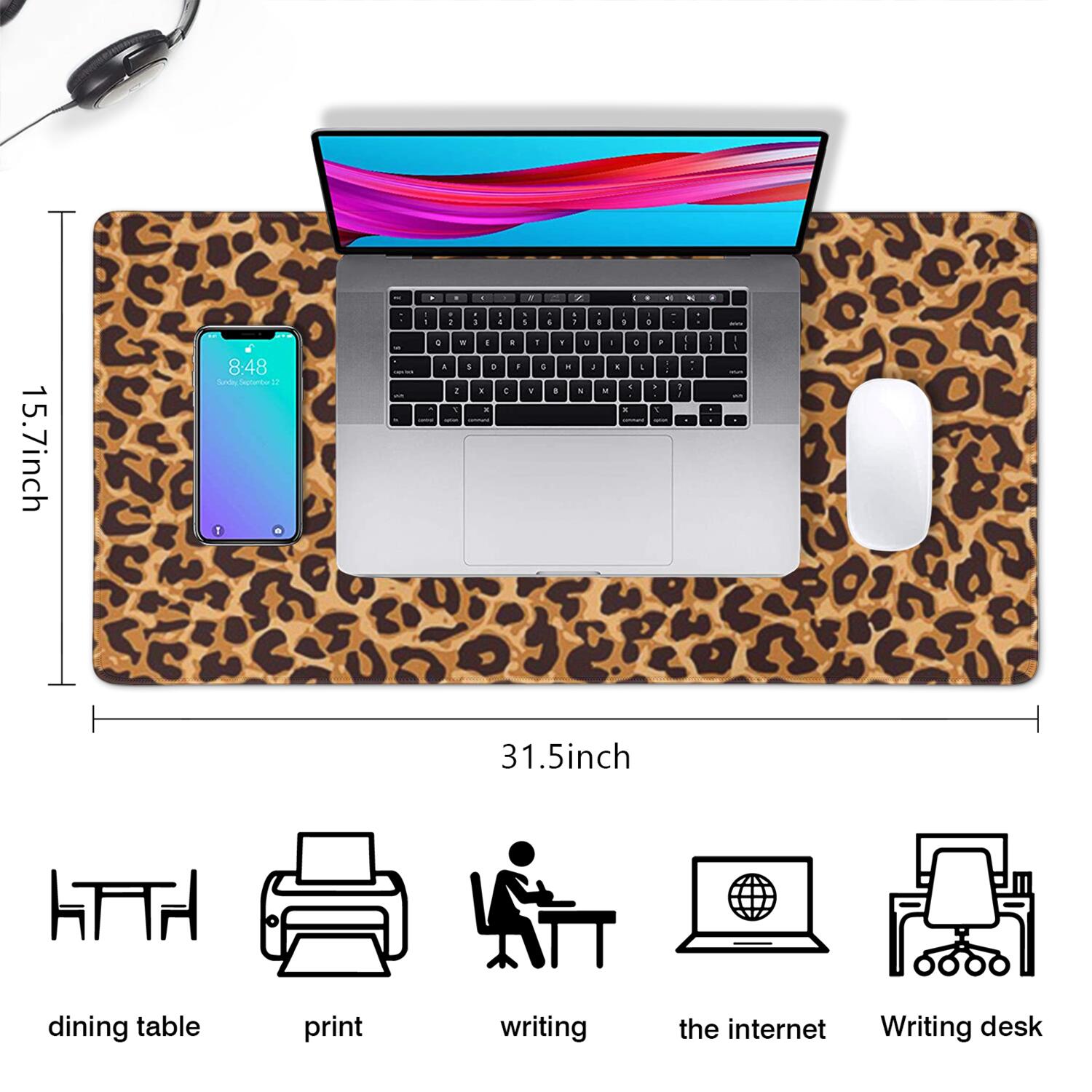 Long Mouse Pads for Desk,Brown and Black Leopard Print Desk Mats on Top Of Desks, Desk Mouse Pad Extra Large with 3mm Non-Slip Base and Stitched Edge for Gaming,Office,Work,Home 31.5"x15.7"