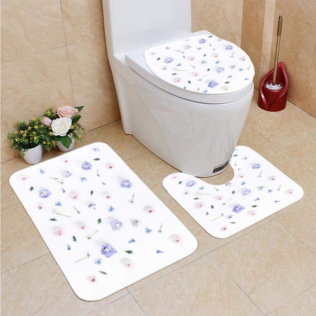 ABPHQTO Flores de color lila hechas en plano Juego de alfombras de baño de 3 piezas Alfombra de baño Alfombra de contorno y tapa de inodoro