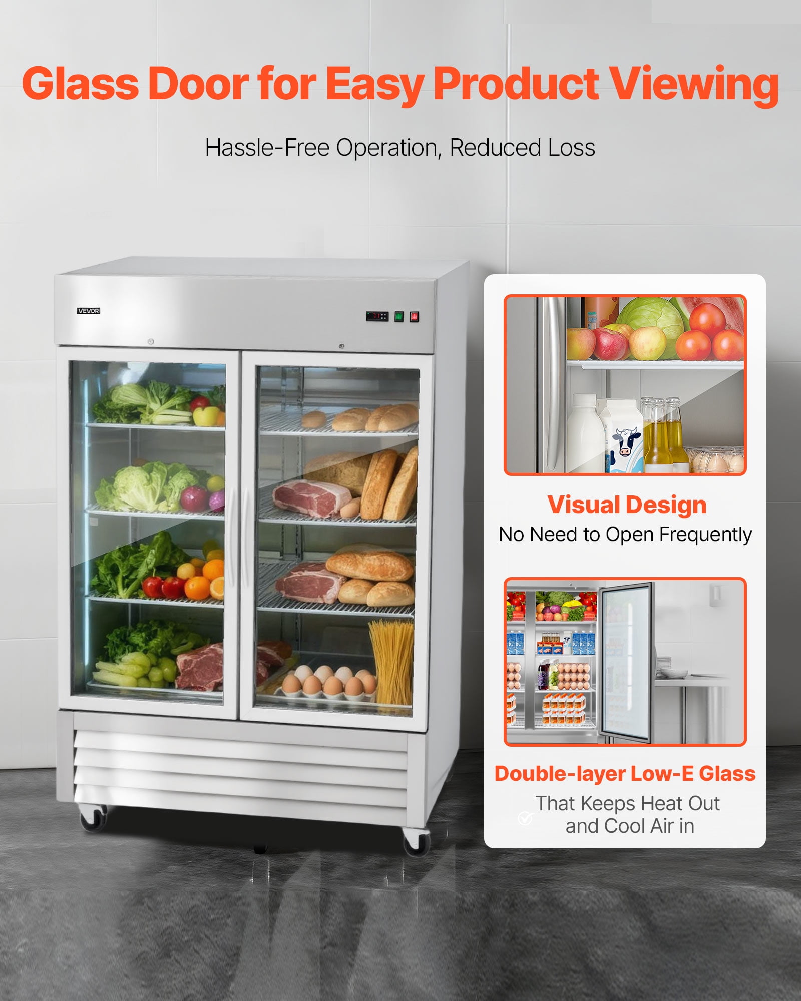 VEVOR Commercial Reach-In Refrigerator 54" W, 44 Cu.Ft Stainless Steel Upright Refrigerator with Double Glass Doors, Auto-Defrost, 8 Adjustable Shelves, 32 to 50℉ Temp Control, ETL Certified