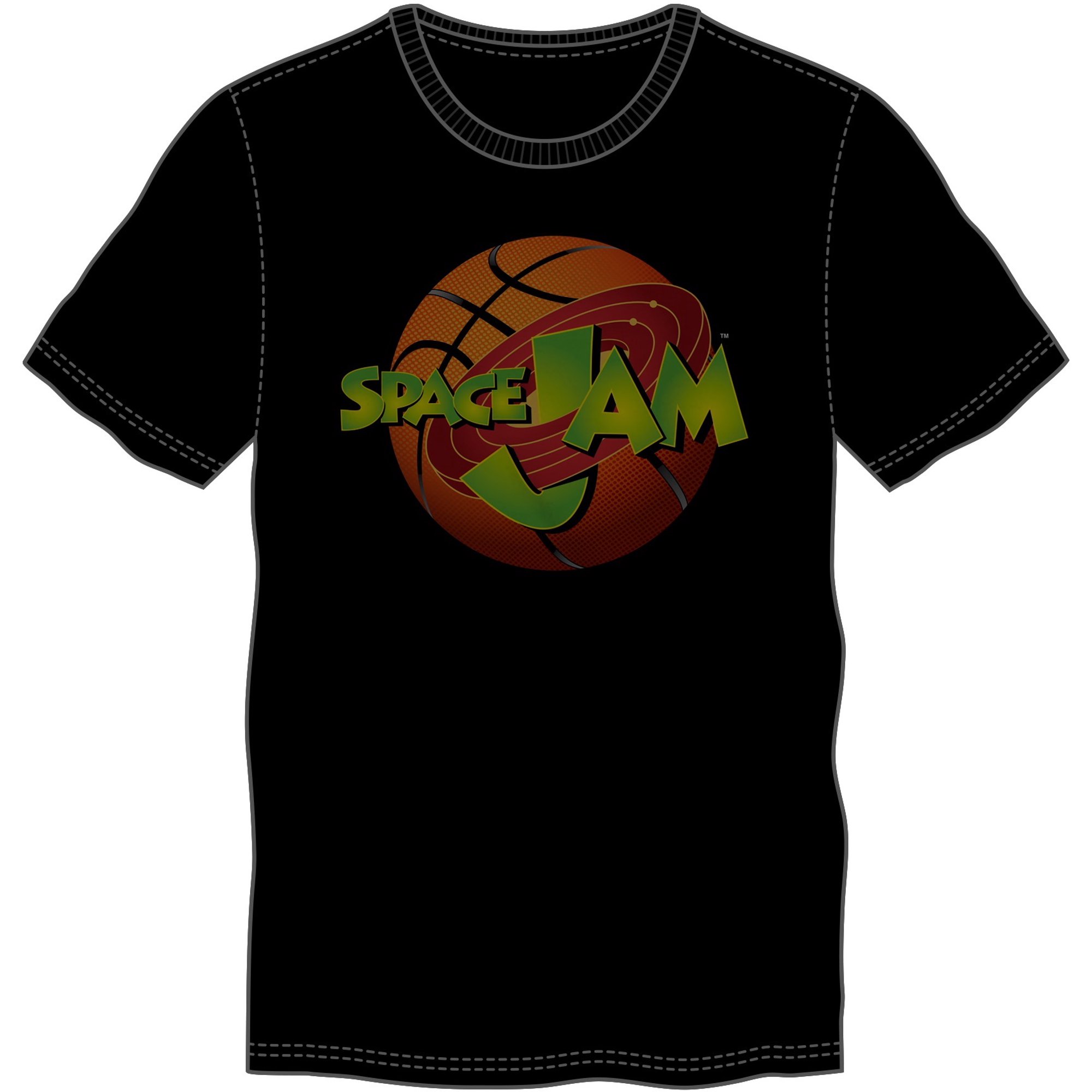 Space Jam Fitted Black T-Shirt with Basketball and Movie Logo, Sports Basketball Team, Looney Tunes-Medium