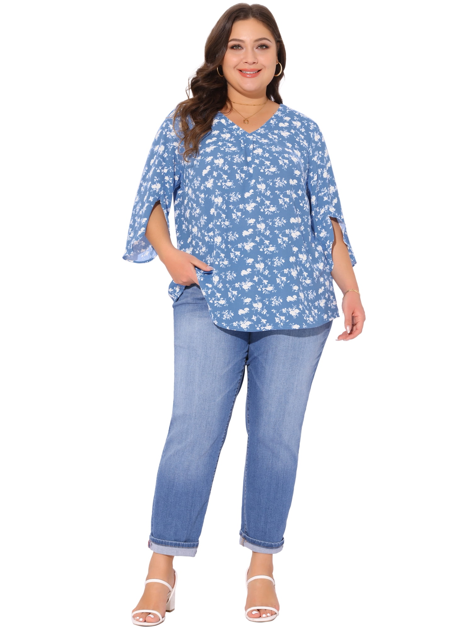 Women's Plus Spring Tops 3/4 Sleeve V Neck Chiffon Work Dressy Casual Shirt 3X Blue