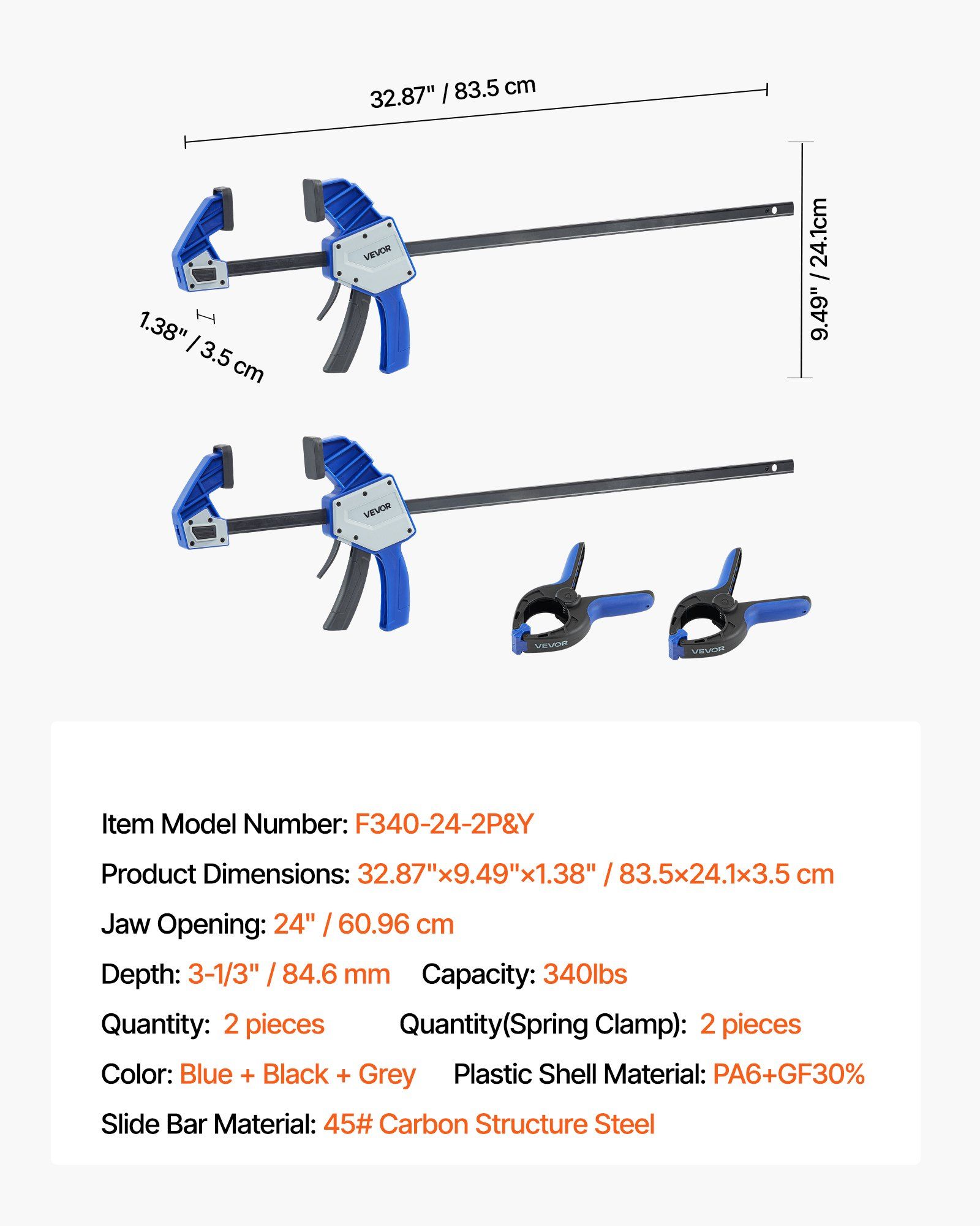 Bar Clamps for Woodworking, 2-Pack 24 inch One-Handed Clamp/Spreader, Quick-Grip F-Clamp with 340 lbs Load Limit, Premium Plastic and Carbon Steel, for Woodworking Metal working, Blue + Black
