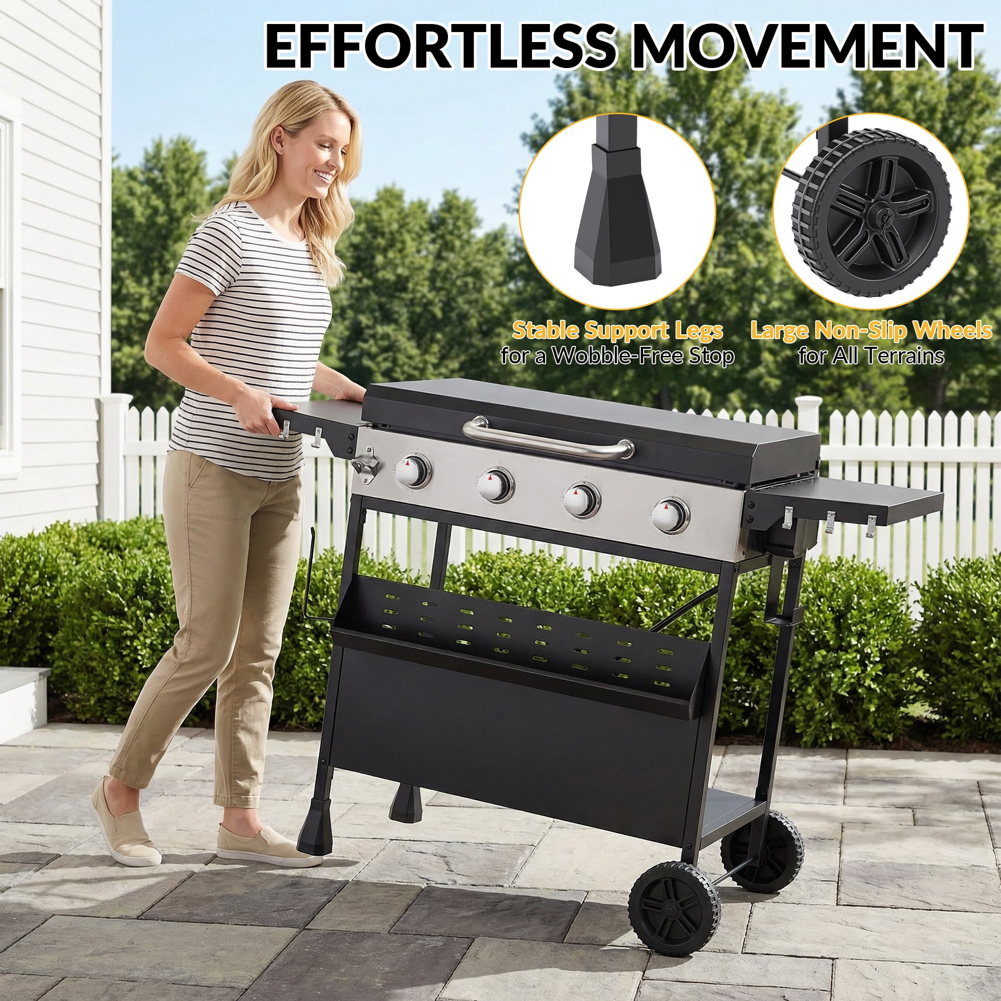 Magic Union 4-Burner Heavy Duty Rolling Flat Top Propane Gas Griddle, Portable Griddle on Cart with Hood & Foldable Side Shelves, 32000 BTU 455 sq.in, for Outdoor Cooking, Camping & Tailgating