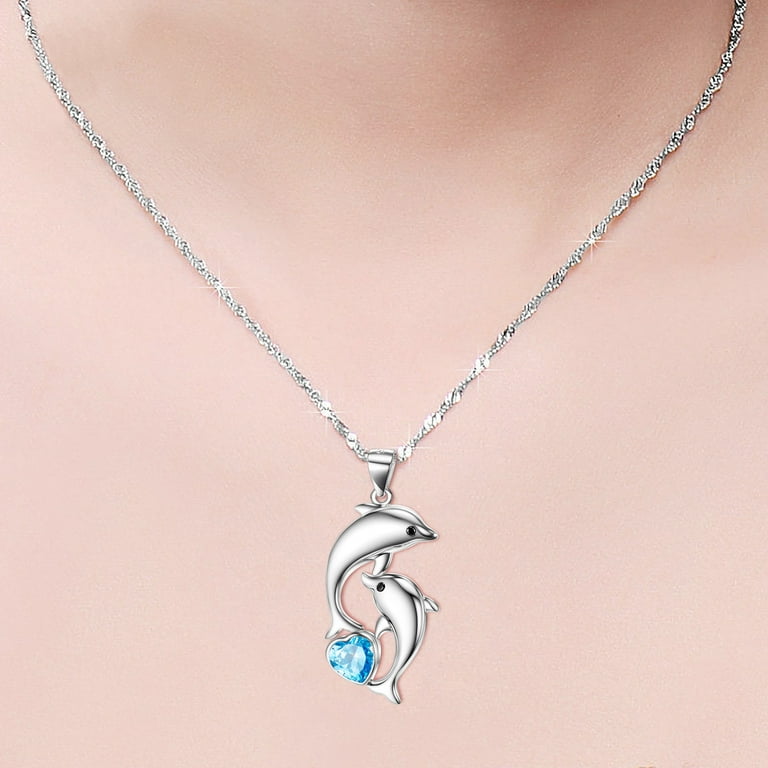 Cuoka Dolphin Necklace Heart CZ Pendant Necklaces 925 Sterling Silver Dolphin Jewelry for Women Girls White Gold Plated Hypoallergenic Fashion Jewelry