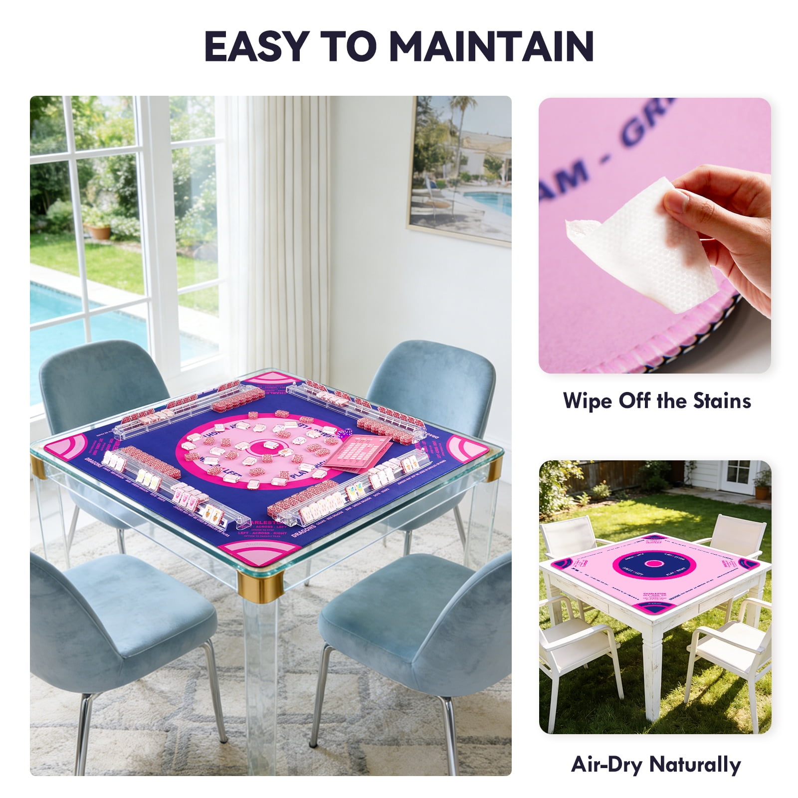 Mahjong Mat with Black Carrying Bag | 31.5" Anti-Slip & Noise Reducing Table Cover | Multi-Game Surface for Poker, Cards, Dominoes & Board Games (Blue)