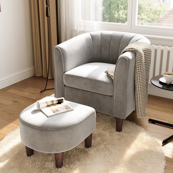 LINSY HOME Velvet Accent Chair with Ottoman for Living Room, Light Grey