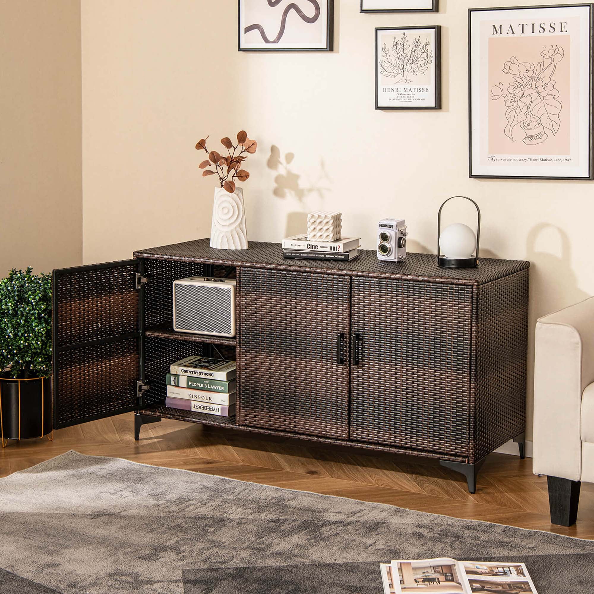 Costway 84 Gallon 3-Door Patio Wicker Storage Cabinet Deck Box with Removable Shelves Brown