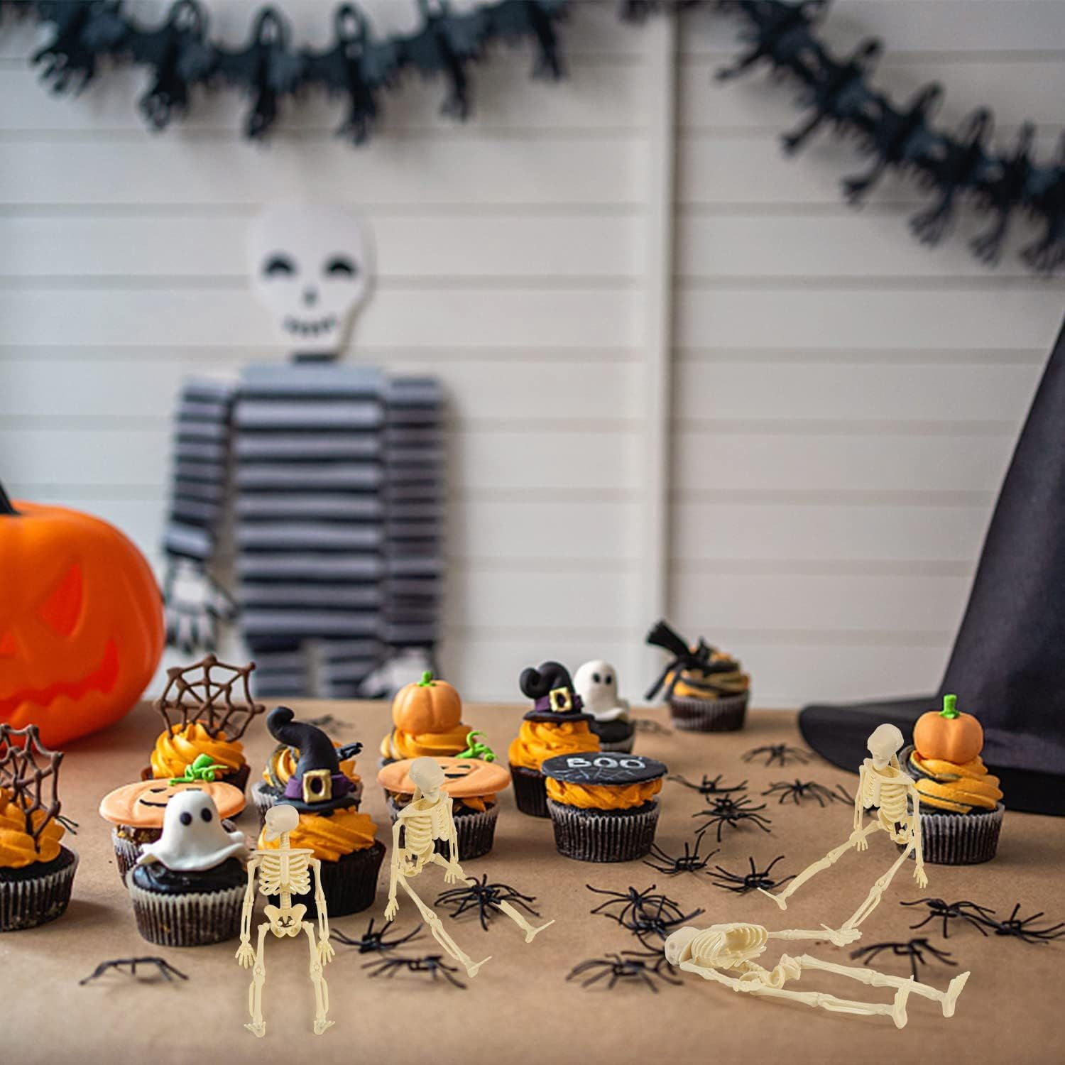 6 Pack Posable Mini Skeleton Figurines with Jute Rope for Halloween Decor