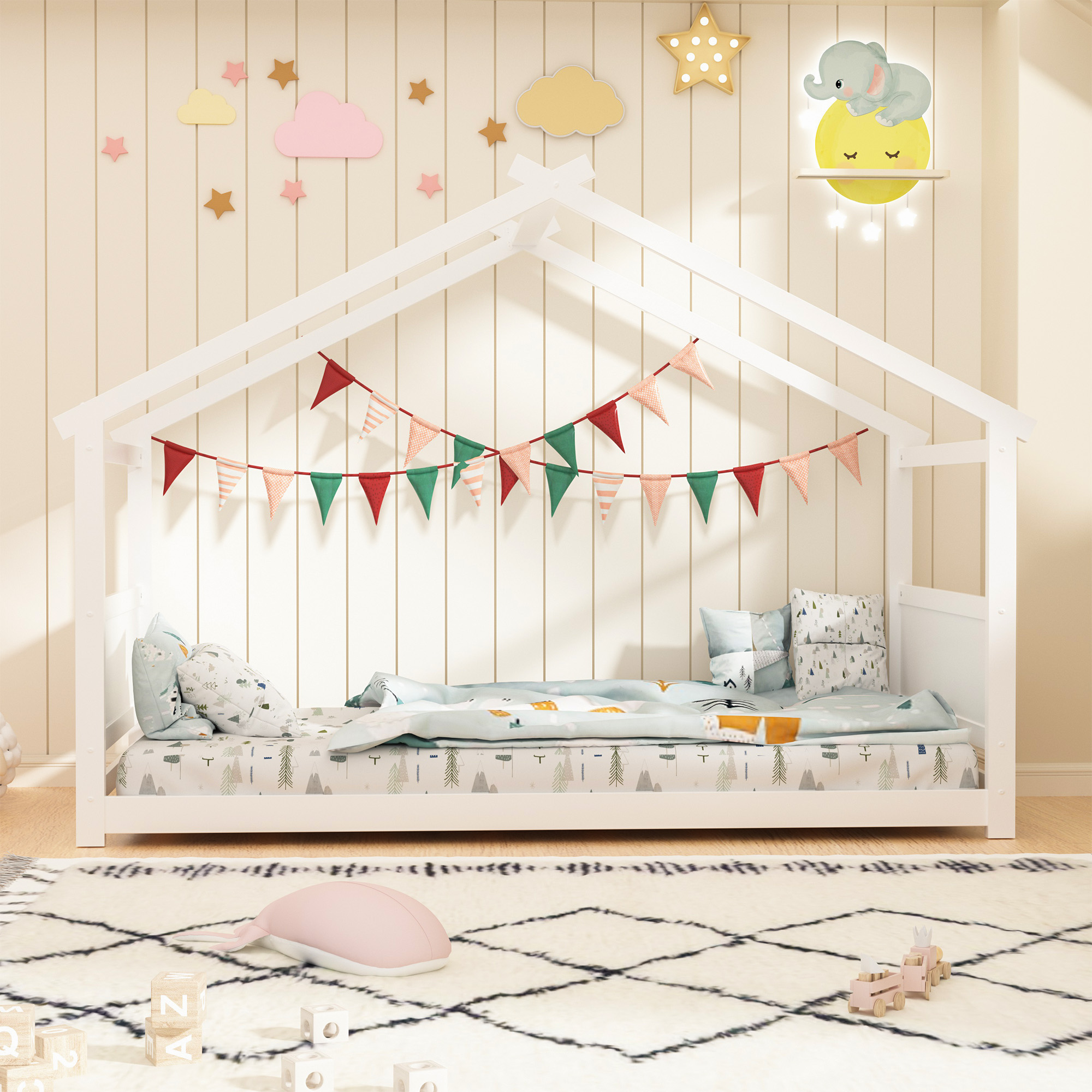 Joywind Twin Solid Wood House Floor Bed Frame with Safety Guardrails, Kids Bed for Boys Girls