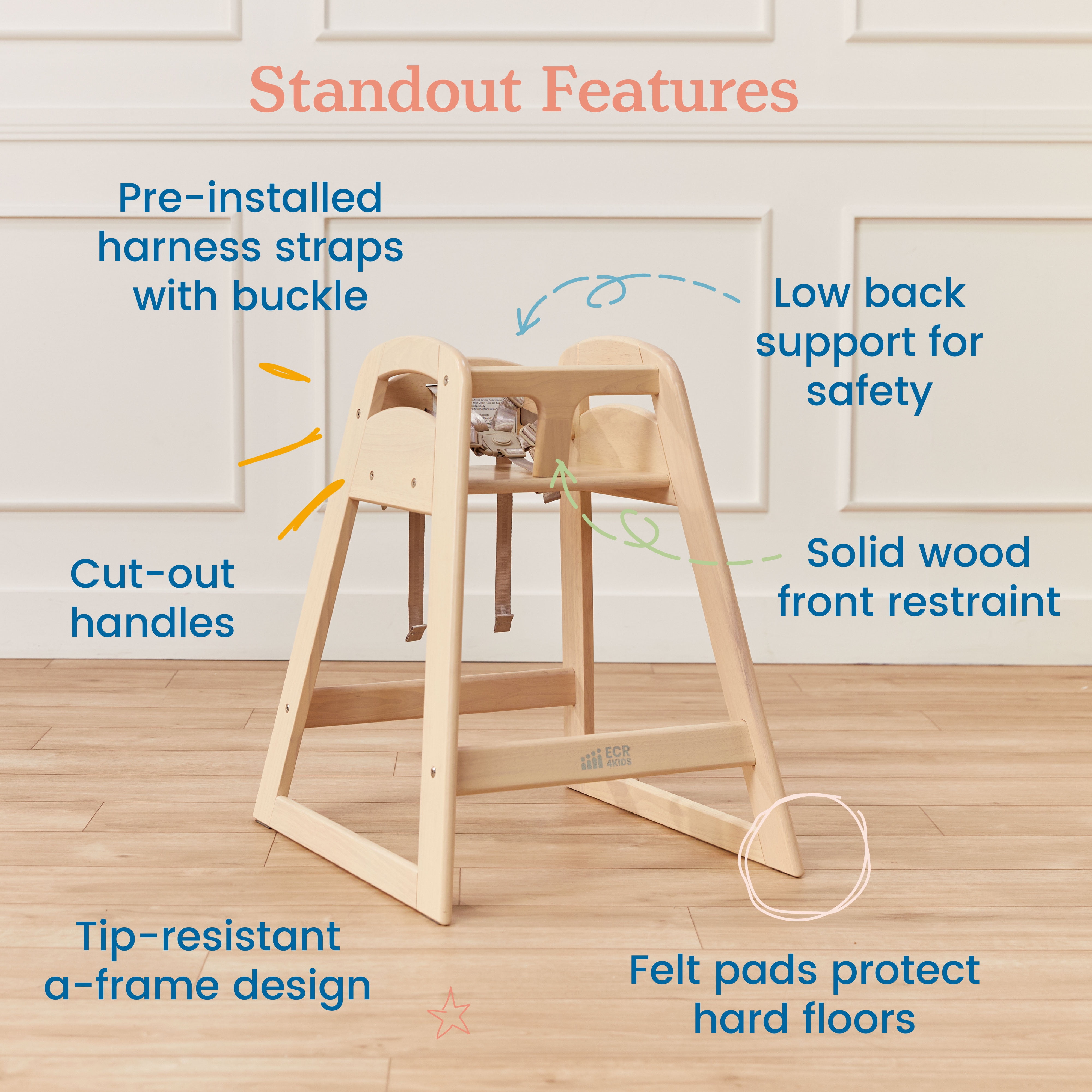 ECR4Kids ASATT Wooden Baby High Chair with Safety Strap, Childrens Furniture, Antique White