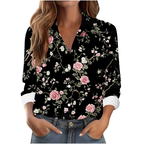Fewfanhot Women's Tops, Tees & Blouses Button Down Shirts for Women Dressy Floral Printed Long Sleeve Blouse Business Casual Work Tops