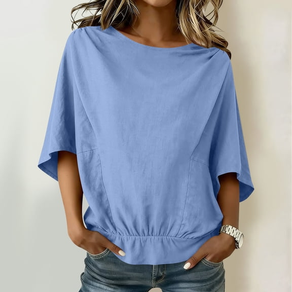 Xdegoge Short Batwing Sleeve Blouses for Women Cotton Linen Round Neck Summer Tops Casual Elastic Waist Relaxed Fit Shirts Lightweight Breathable Boho Style Tunic Tops for Women