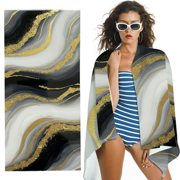 RKSupls Oversized Microfiber Beach Towel - Abstract Gold Flowing Print, Ultra-Soft Microfiber for Bathroom, beach, Soft Super Absorbent- 30x60 in