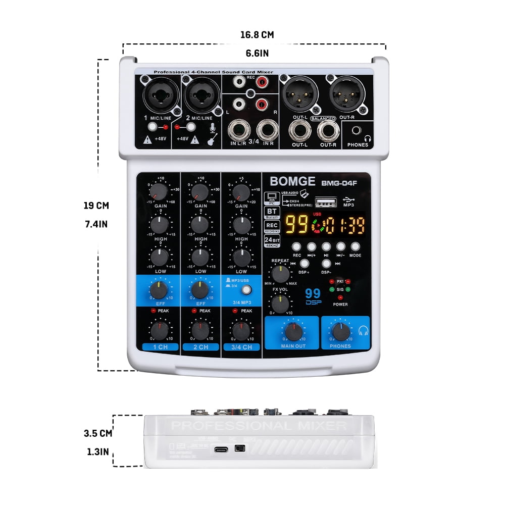 BOMGE 4 Channel mini DJ Audio Sound Mixer Interface with MP3 USB, Bluetooth, Stereo Recording, 48V Phantom Power, 24 DSP for karaoke, performance, church singing  podcas streaming- white