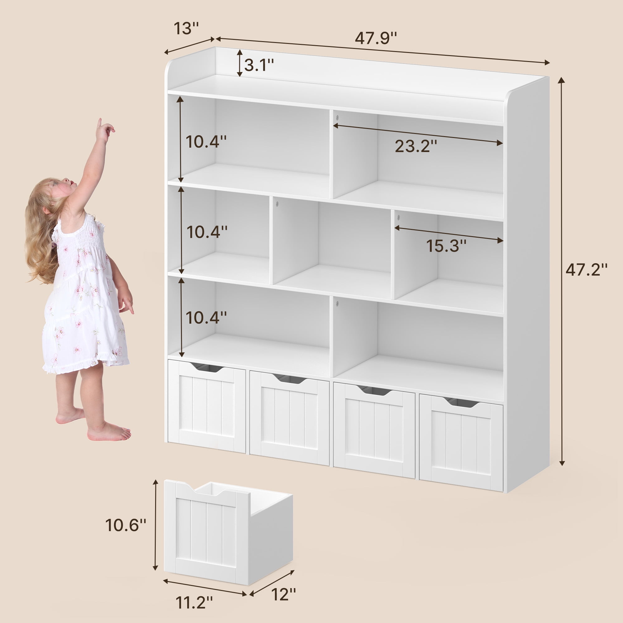 Lofka Kids Bookshelf and Toy Storage Organizer with7 Storage Cubes, 4 Movable Bins & Raised Edge Top, White