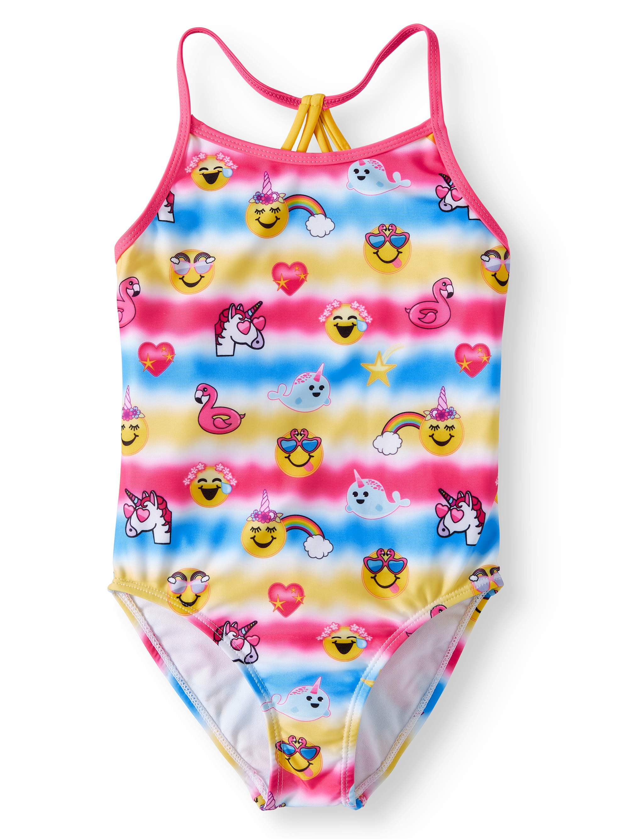 Pink Platinum Girls Unicorn Emoji Print One Piece Swimsuit