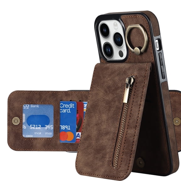for iPhone 15Pro max, iPhone 16Pro max Wallet Case for Women Men, Durable Embossed PU Leather Magnetic Flip Zipper Card Holder Phone Case, Brown