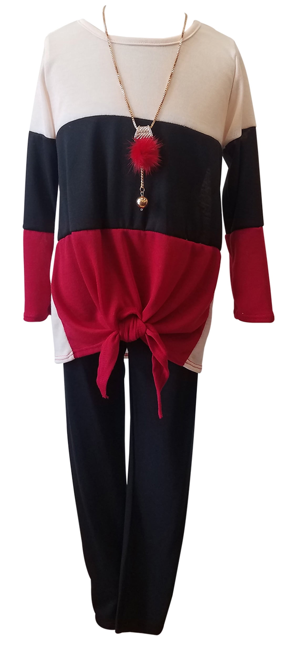 Little Girls 3 Pieces Girl Pant Set Long Sleeve Shirt Top Necklace
