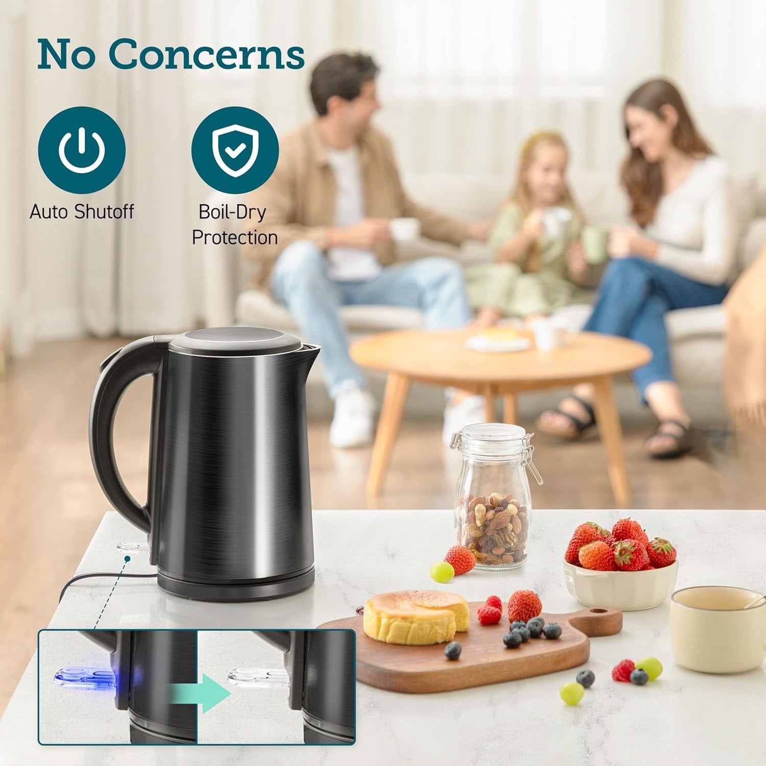 Electric Kettle, Cool-Touch Double Wall Stainless Steel Insulated, Automatic Shut Off & Boil-Dry Protection, Durable Tea Kettle Boiler & Heater, 1.5L/1500W, Black