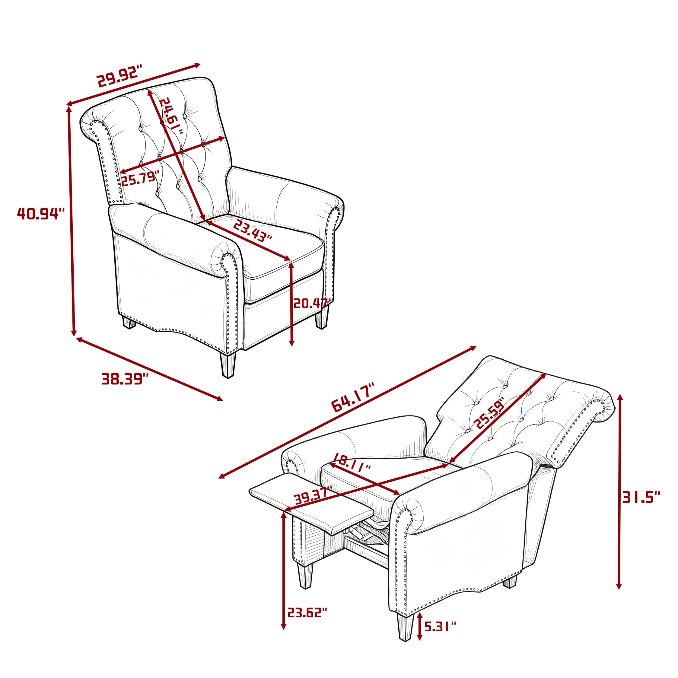 Gewnee 2-Pack Manual Push Back Recliner Chair,Modern Reclining Linen Chair With Nail-Head Trim,Single Chair for Living Room,Office,Bedroom.Blue