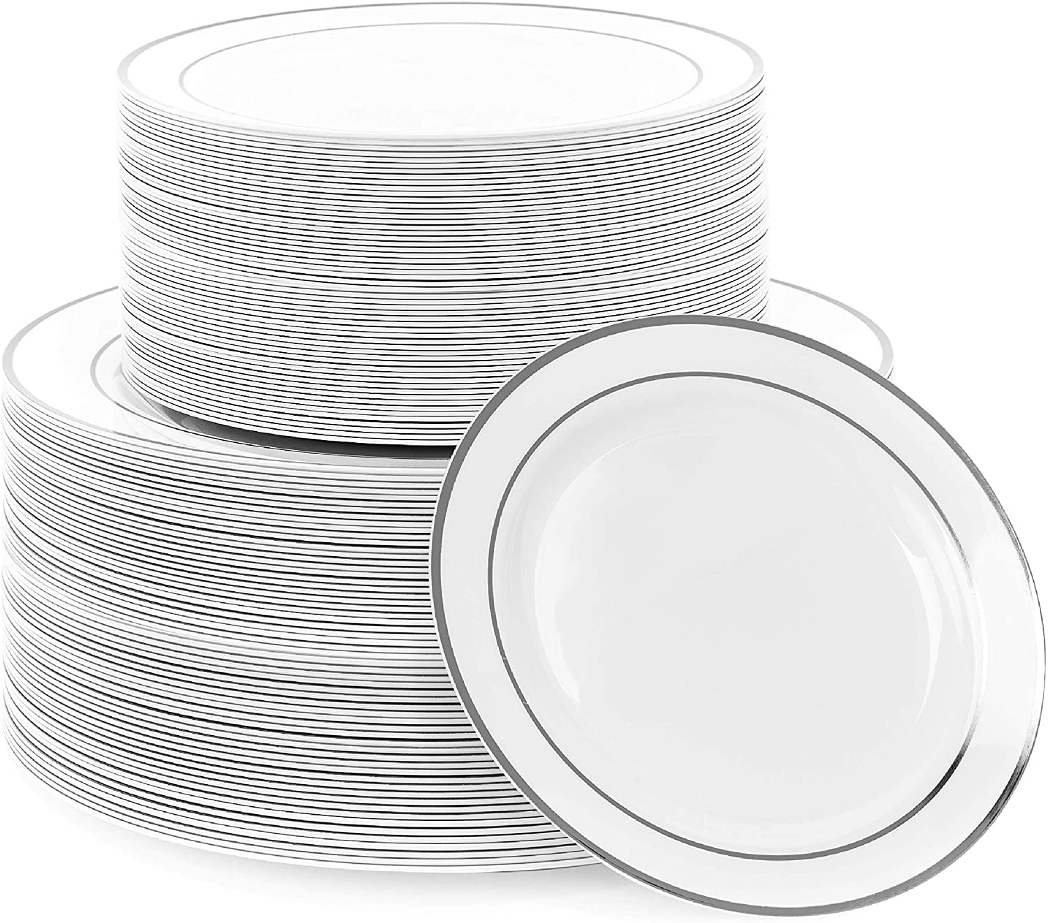 MATANA 120 Disposable Sliver Rim Plastic Party Plate Set for Wedding (60x10.25 inch, 60x7.5 inch)