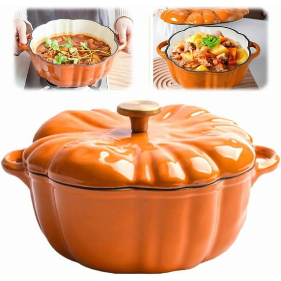 Pumpkin Dutch Oven Pot with Lid, Enameled Cast Iron Pot - Non-Stick, Oven Safe, for Cooking, Soups & Stews, Serves 3-5, for Stews, Casseroles, Baking, Halloween Thanksgiving Fall Decor Gift