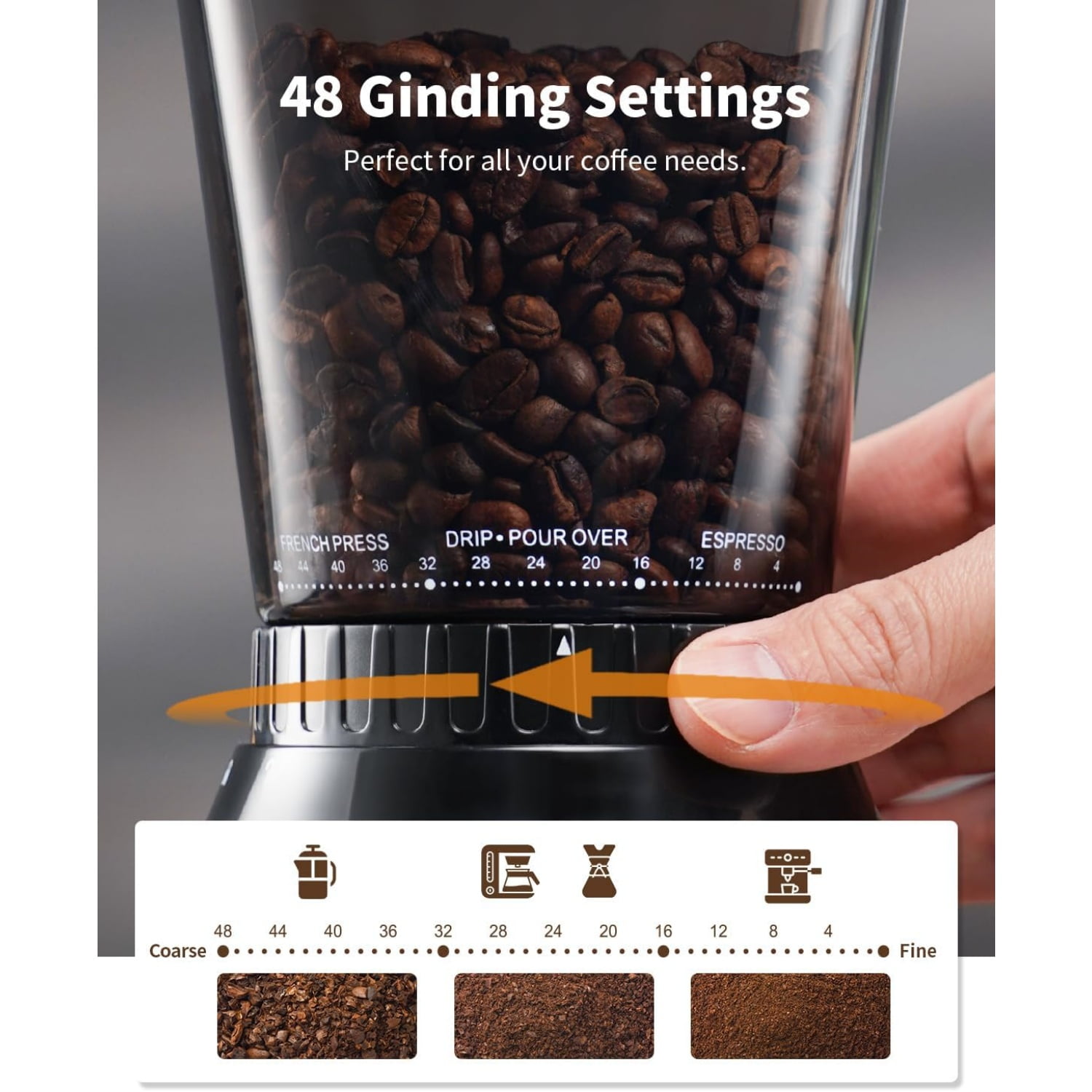 Professional Conical Burr Coffee Grinder, Coffee Bean Grinder with 48 Grind Settings for Espresso, Drip & French Press, Upgraded Anti-Static Technology, Precision Timer, Black