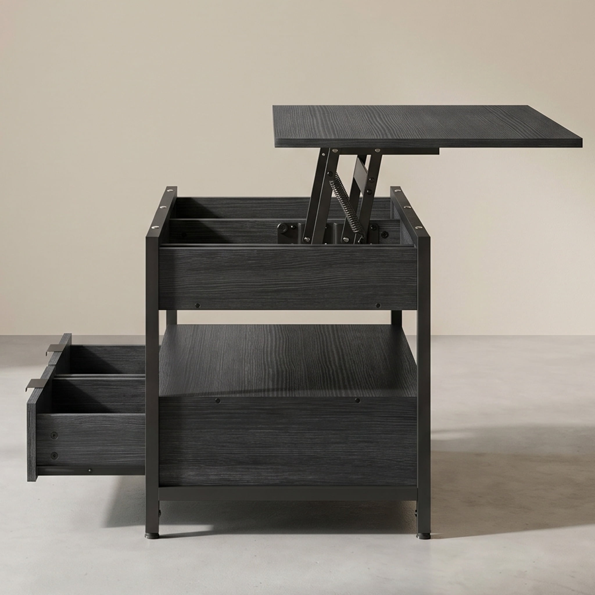 Nordic Hygge 40" Height-Adjustable Living Room Center Table with 2 Storage Drawers and Open Compartment, Anthracite Grey & Ink Black