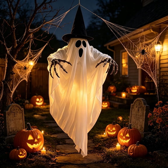 35 Inch Halloween Hanging Ghost Decor, Light Up White Ghost with Warm White LED Lights, Witch Hat & Skeleton Hands, Bendable Waterproof Prop for Porch Yard Indoor Outdoor Party