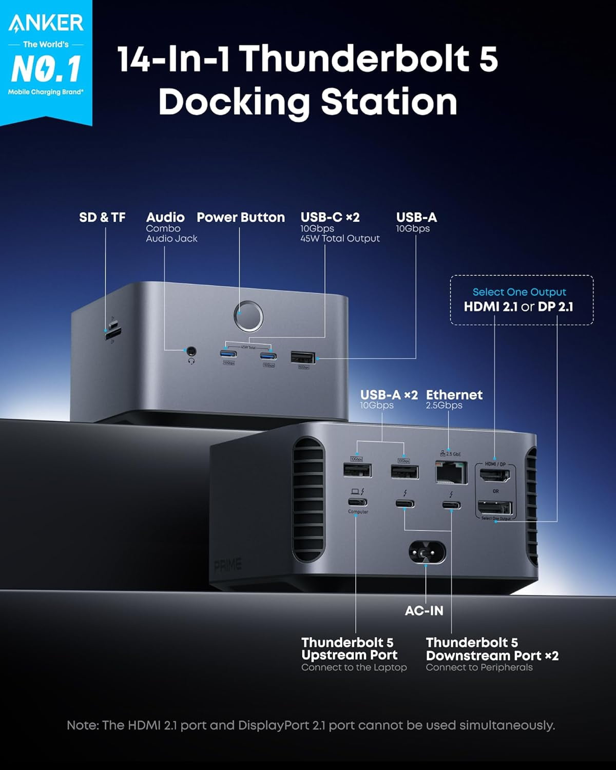 Anker Prime TB5 Docking Station, 14-in-1 Thunderbolt 5 Dock with 120Gbps Max Transfer, Thunderbolt Dock with 140W Max Charging, Cooling System, Ambient Lighting, Up to 8K